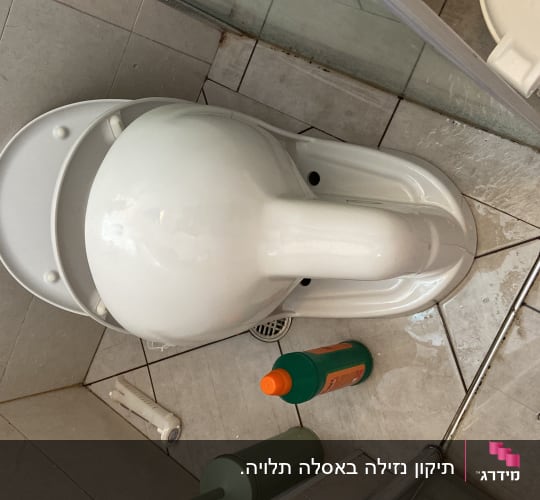 אסלה עם בקבוק חומר ניקוי על הרצפה